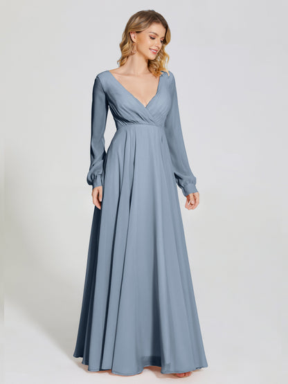 Cicinia Raegan V Neck Chiffon Bridesmaid Dress With Sleeves