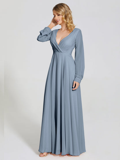 Cicinia Raegan V Neck Chiffon Bridesmaid Dress With Sleeves