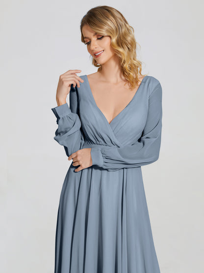Cicinia Raegan V Neck Chiffon Bridesmaid Dress With Sleeves