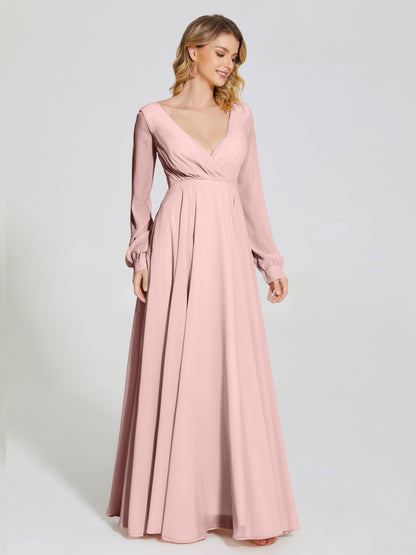 Cicinia Raegan V Neck Chiffon Bridesmaid Dress With Sleeves