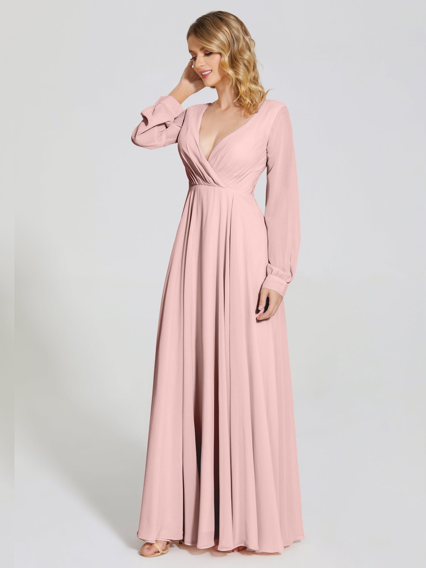 Cicinia Raegan V Neck Chiffon Bridesmaid Dress With Sleeves