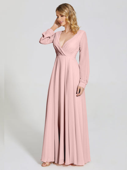 Cicinia Raegan V Neck Chiffon Bridesmaid Dress With Sleeves