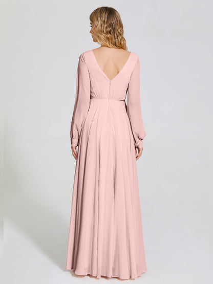 Cicinia Raegan V Neck Chiffon Bridesmaid Dress With Sleeves