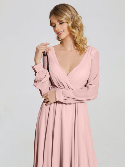Cicinia Raegan V Neck Chiffon Bridesmaid Dress With Sleeves