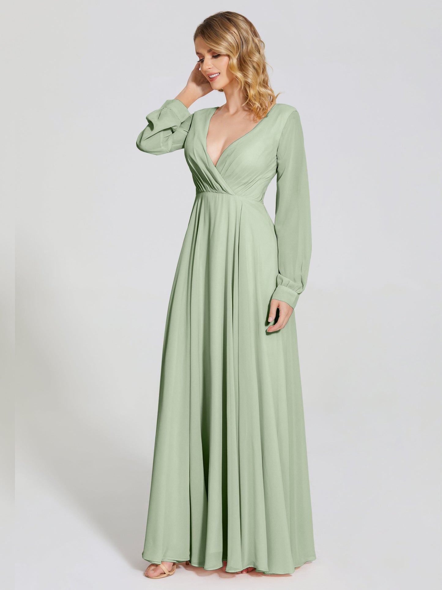 Cicinia Raegan V Neck Chiffon Bridesmaid Dress With Sleeves