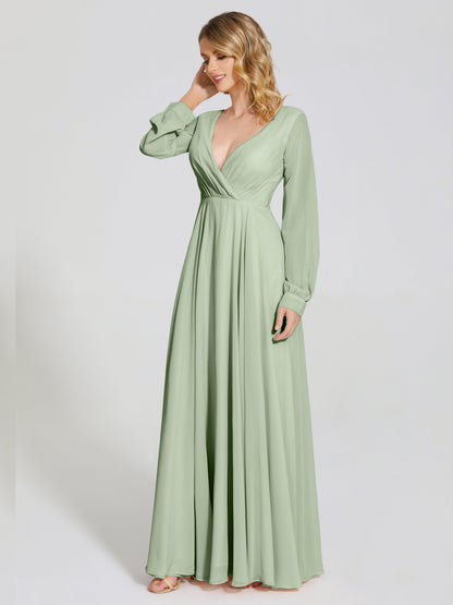 Cicinia Raegan V Neck Chiffon Bridesmaid Dress With Sleeves