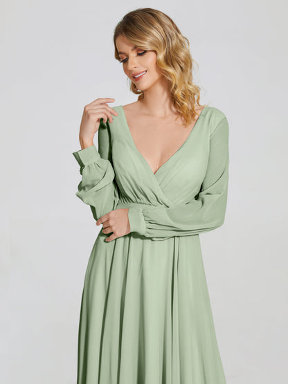 Cicinia Raegan V Neck Chiffon Bridesmaid Dress With Sleeves