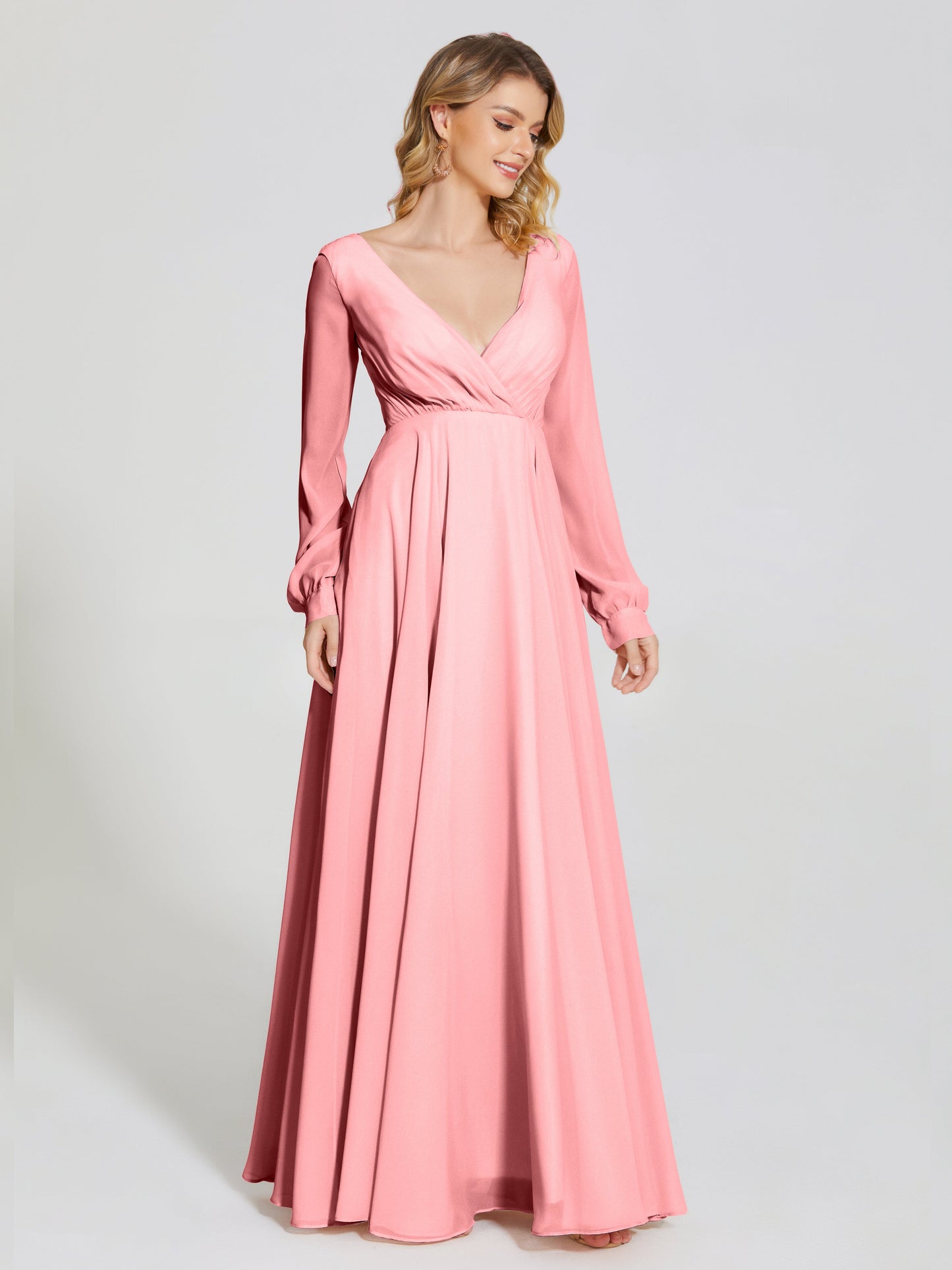 Cicinia Raegan V Neck Chiffon Bridesmaid Dress With Sleeves