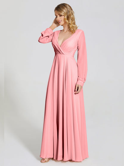 Cicinia Raegan V Neck Chiffon Bridesmaid Dress With Sleeves