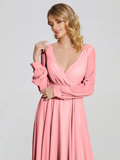 Cicinia Raegan V Neck Chiffon Bridesmaid Dress With Sleeves
