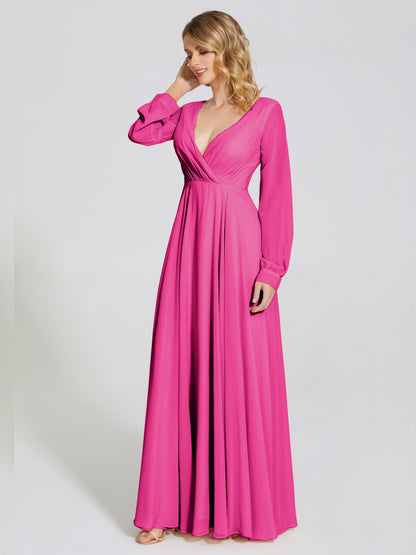 Cicinia Raegan V Neck Chiffon Bridesmaid Dress With Sleeves
