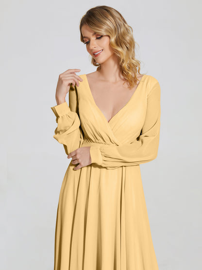 Cicinia Raegan V Neck Chiffon Bridesmaid Dress With Sleeves