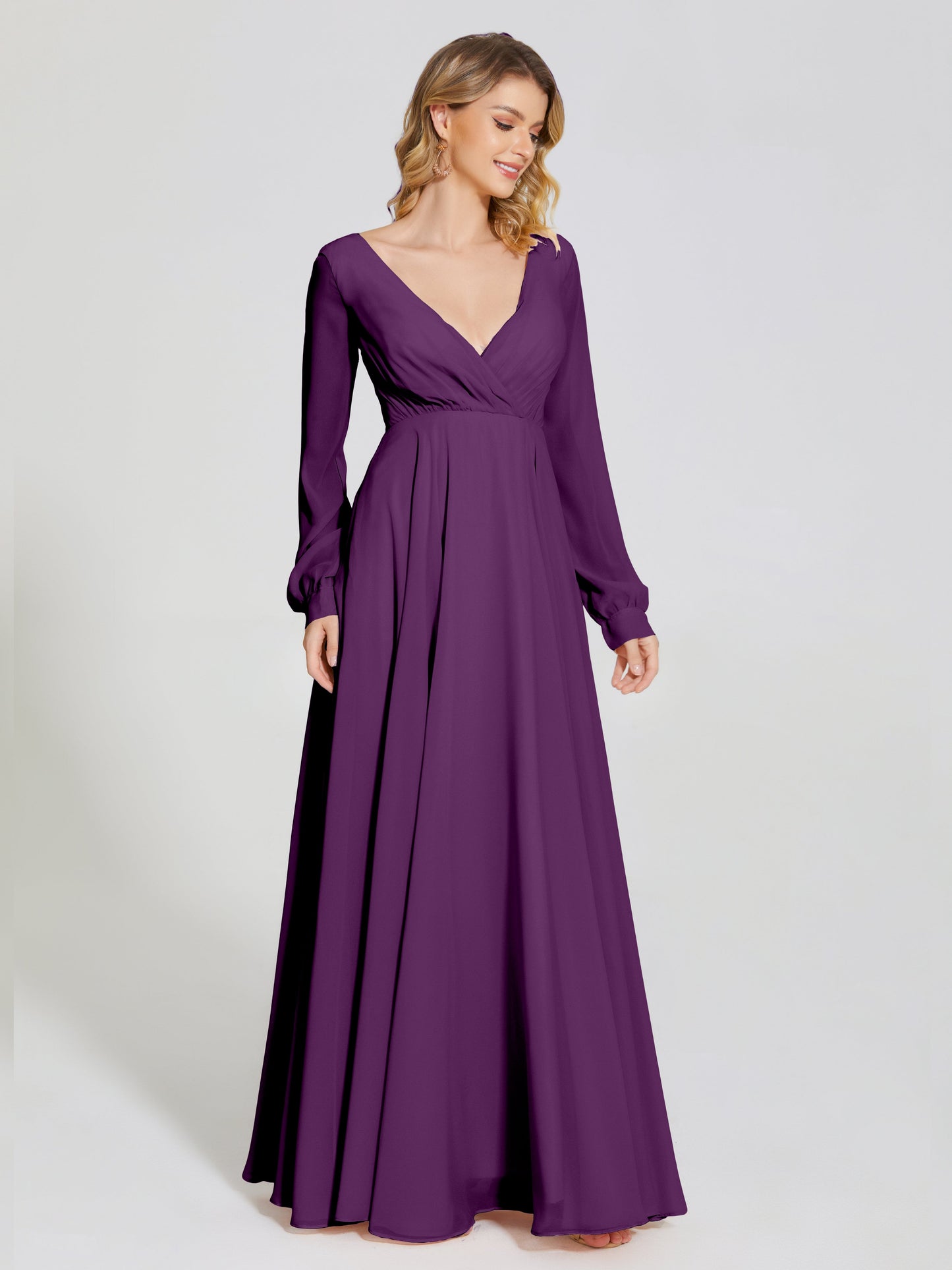 Cicinia Raegan V Neck Chiffon Bridesmaid Dress With Sleeves