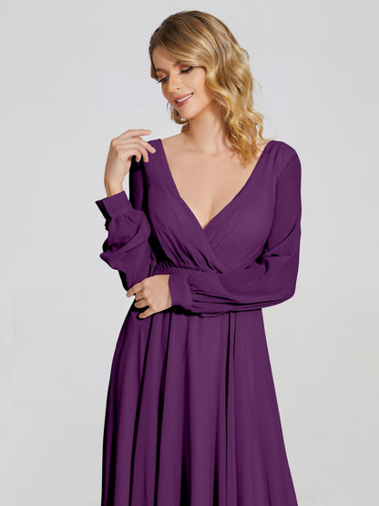 Cicinia Raegan V Neck Chiffon Bridesmaid Dress With Sleeves