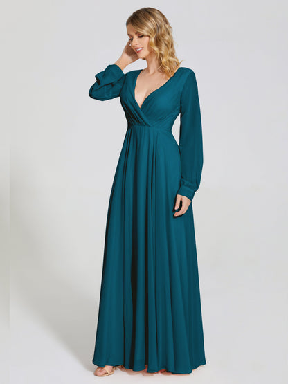 Cicinia Raegan V Neck Chiffon Bridesmaid Dress With Sleeves