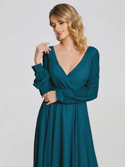 Cicinia Raegan V Neck Chiffon Bridesmaid Dress With Sleeves