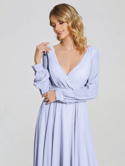 Cicinia Raegan V Neck Chiffon Bridesmaid Dress With Sleeves