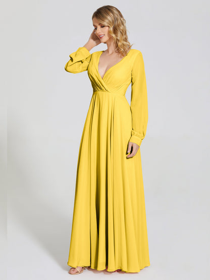 Cicinia Raegan V Neck Chiffon Bridesmaid Dress With Sleeves