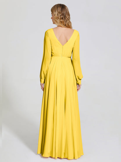 Cicinia Raegan V Neck Chiffon Bridesmaid Dress With Sleeves