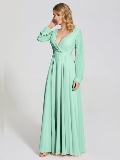Cicinia Raegan V Neck Chiffon Bridesmaid Dress With Sleeves