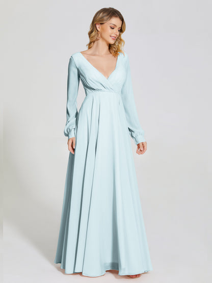 Cicinia Raegan V Neck Chiffon Bridesmaid Dress With Sleeves