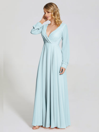 Cicinia Raegan V Neck Chiffon Bridesmaid Dress With Sleeves