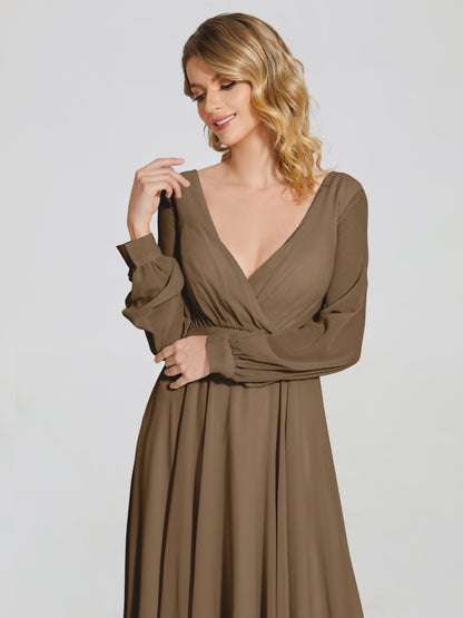Cicinia Raegan V Neck Chiffon Bridesmaid Dress With Sleeves