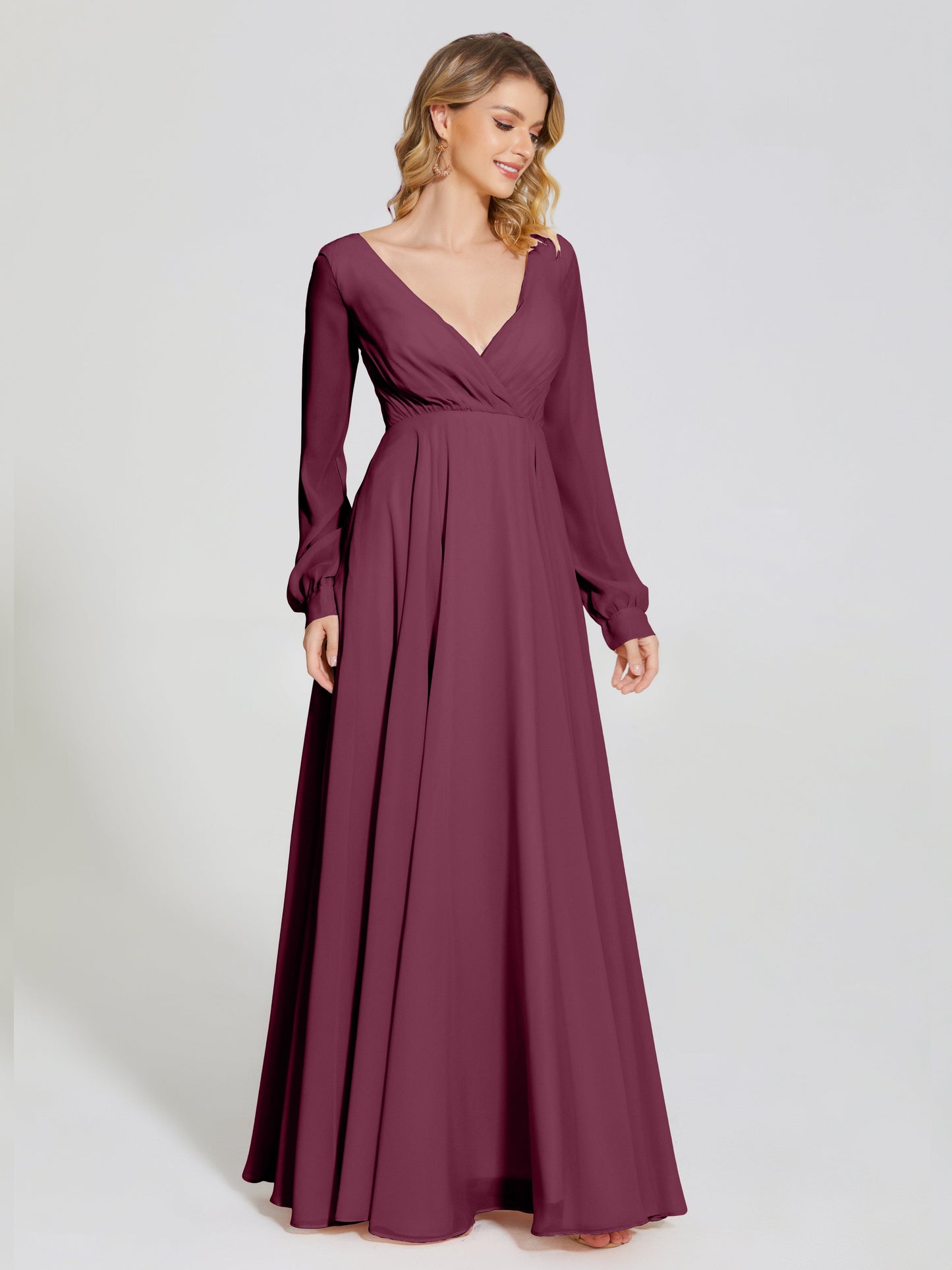 Cicinia Raegan V Neck Chiffon Bridesmaid Dress With Sleeves