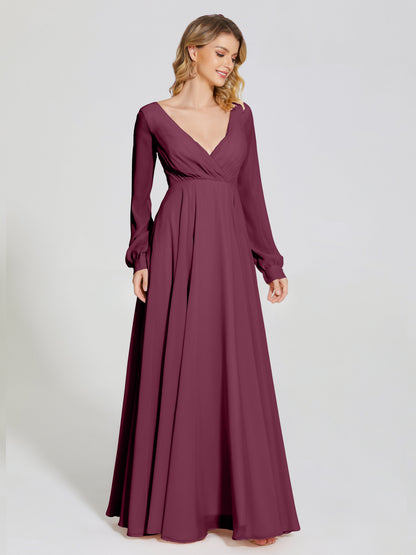 Cicinia Raegan V Neck Chiffon Bridesmaid Dress With Sleeves