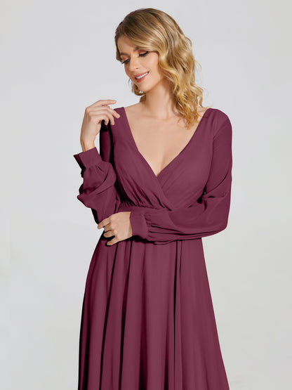Cicinia Raegan V Neck Chiffon Bridesmaid Dress With Sleeves