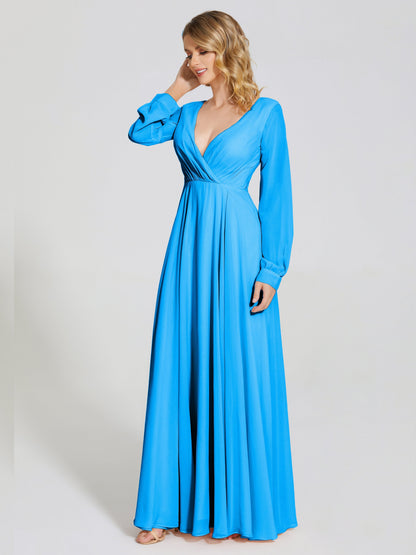 Cicinia Raegan V Neck Chiffon Bridesmaid Dress With Sleeves
