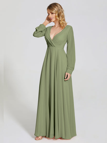 Cicinia Raegan V Neck Chiffon Bridesmaid Dress With Sleeves