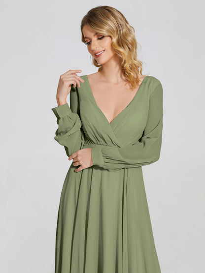 Cicinia Raegan V Neck Chiffon Bridesmaid Dress With Sleeves