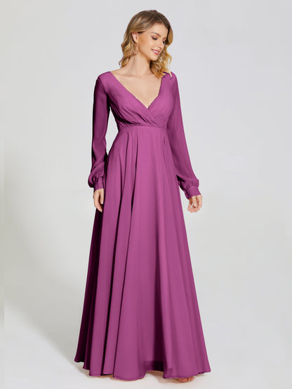 Cicinia Raegan V Neck Chiffon Bridesmaid Dress With Sleeves