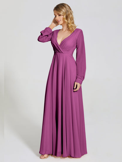 Cicinia Raegan V Neck Chiffon Bridesmaid Dress With Sleeves