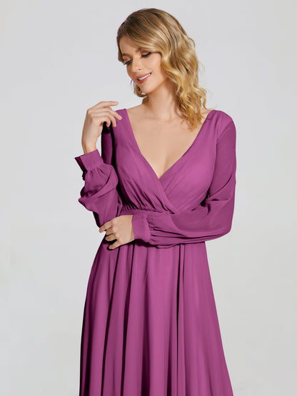 Cicinia Raegan V Neck Chiffon Bridesmaid Dress With Sleeves
