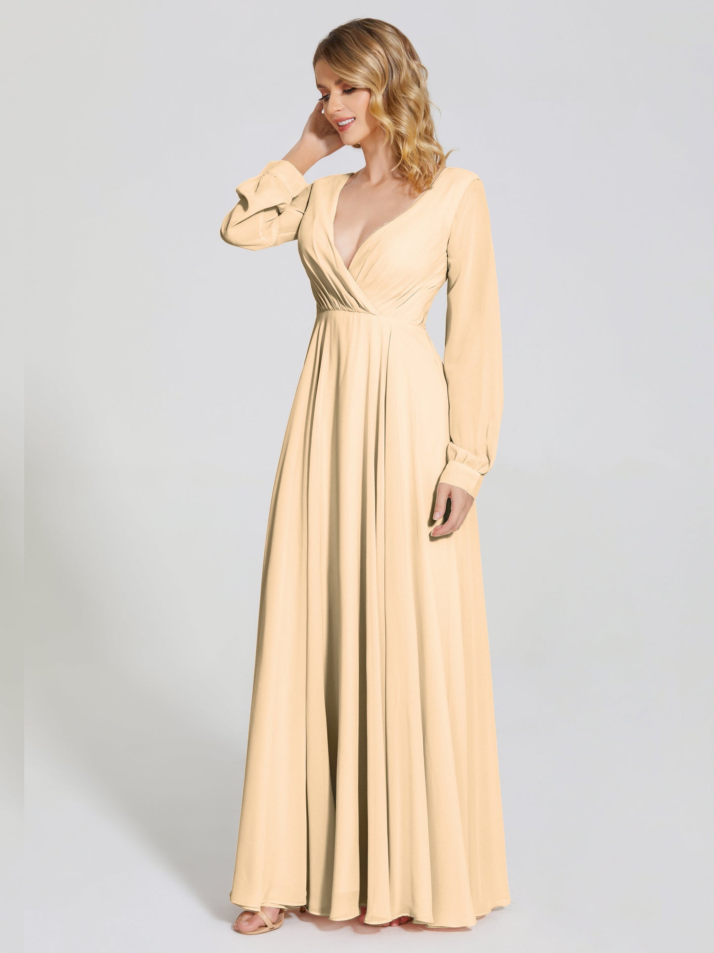 Cicinia Raegan V Neck Chiffon Bridesmaid Dress With Sleeves
