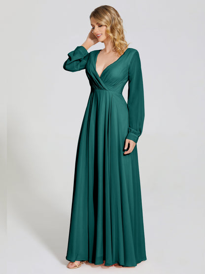 Cicinia Raegan V Neck Chiffon Bridesmaid Dress With Sleeves