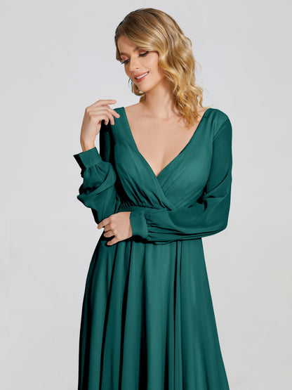 Cicinia Raegan V Neck Chiffon Bridesmaid Dress With Sleeves