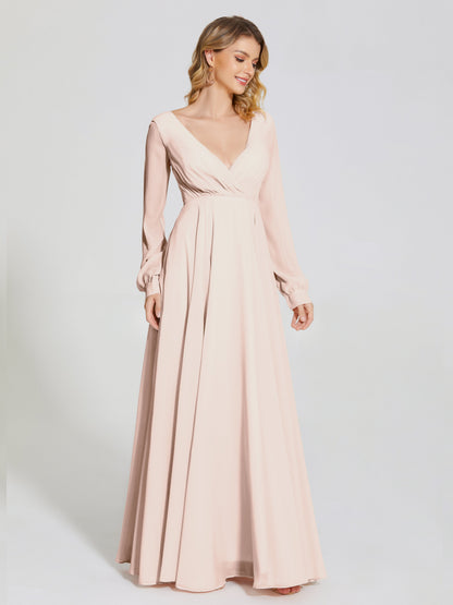 Cicinia Raegan V Neck Chiffon Bridesmaid Dress With Sleeves