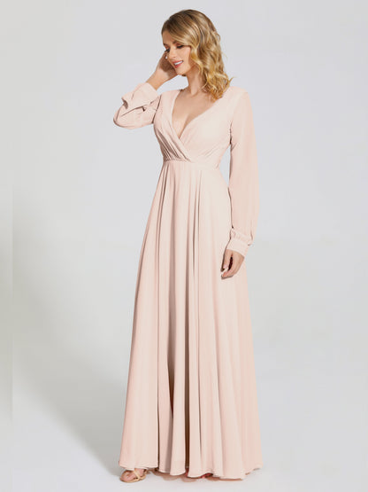 Cicinia Raegan V Neck Chiffon Bridesmaid Dress With Sleeves