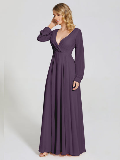 Cicinia Raegan V Neck Chiffon Bridesmaid Dress With Sleeves