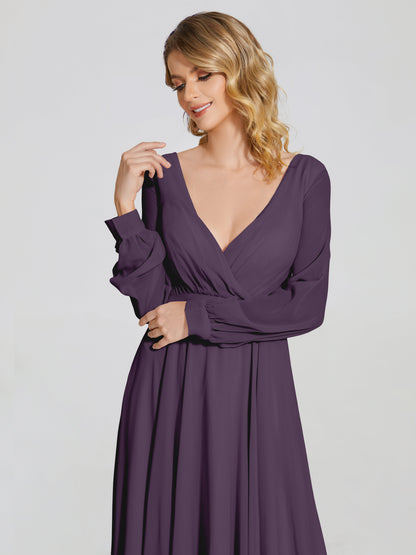 Cicinia Raegan V Neck Chiffon Bridesmaid Dress With Sleeves