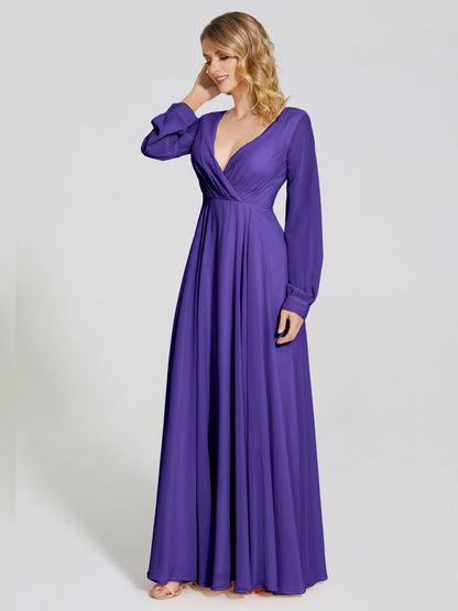 Cicinia Raegan V Neck Chiffon Bridesmaid Dress With Sleeves