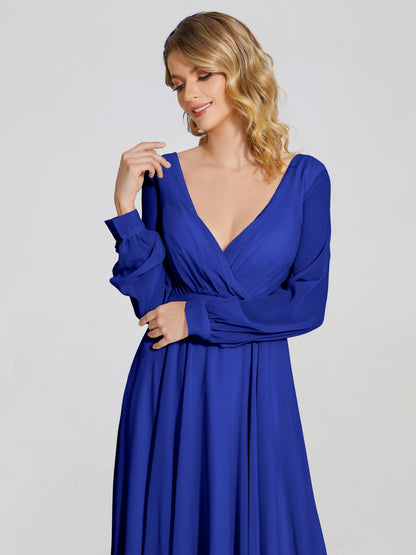 Cicinia Raegan V Neck Chiffon Bridesmaid Dress With Sleeves