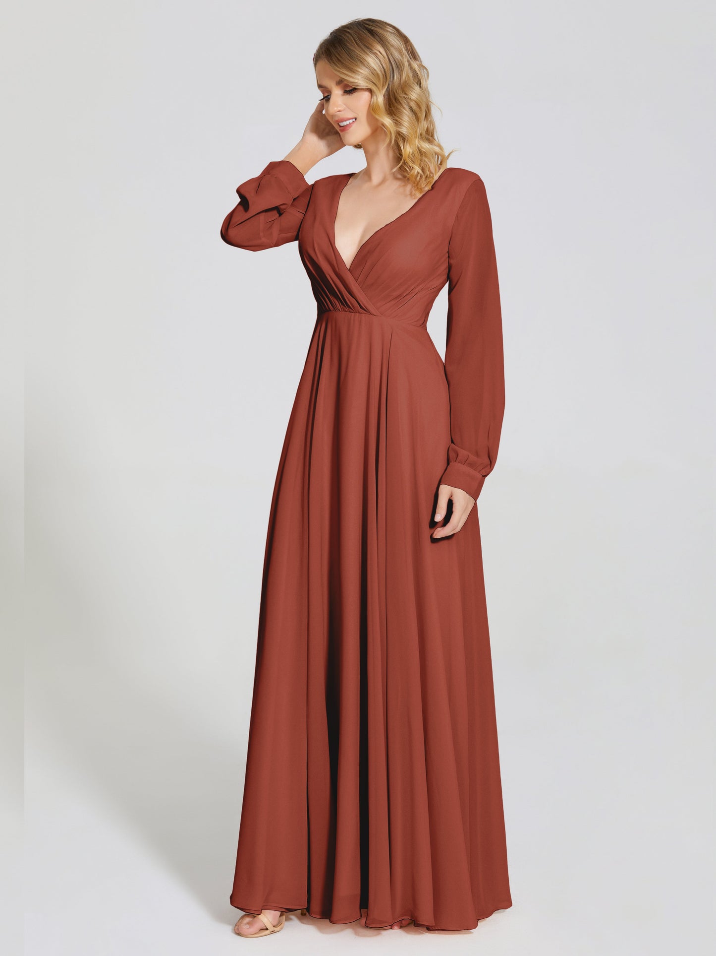 Cicinia Raegan V Neck Chiffon Bridesmaid Dress With Sleeves