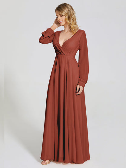 Cicinia Raegan V Neck Chiffon Bridesmaid Dress With Sleeves