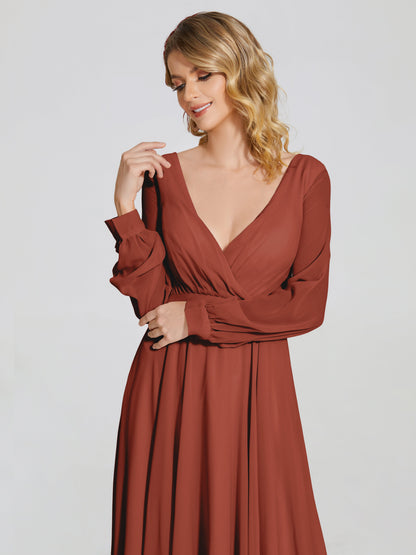 Cicinia Raegan V Neck Chiffon Bridesmaid Dress With Sleeves