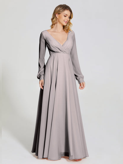 Cicinia Raegan V Neck Chiffon Bridesmaid Dress With Sleeves