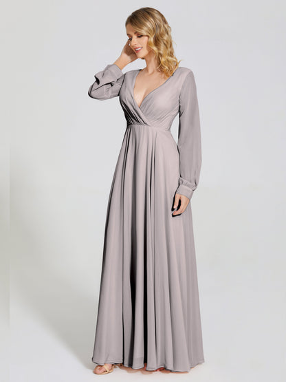 Cicinia Raegan V Neck Chiffon Bridesmaid Dress With Sleeves